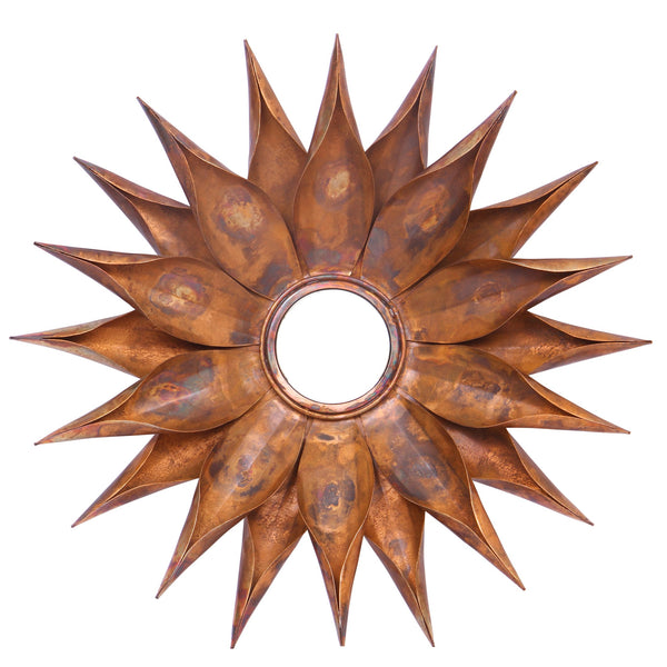 benzara Sunburst Shaped Design Iron Wall Decor with Round Concave Mirror Copper