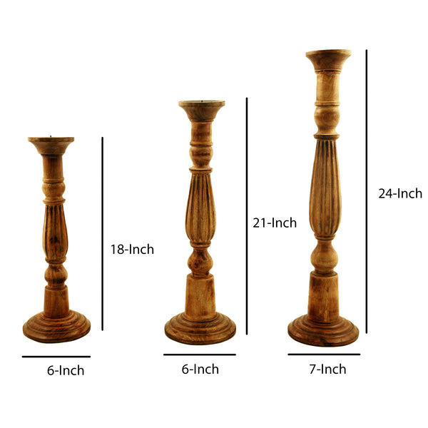 Benzara Taki Benzara Wooden Natural Finish Pillar Shaped Candleholder Set Of 3 Brown - BM81211