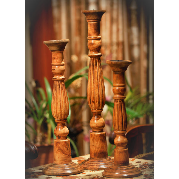 benzara Taki Benzara Wooden Natural Finish Pillar Shaped Candleholder Set of 3 Brown - BM81211