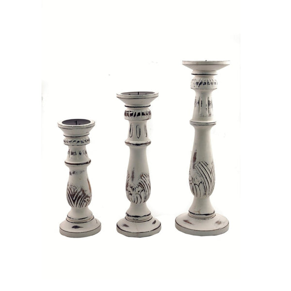 Benzara Taki Distressed Mango Wood Pillar Shaped Candle Holder Set Of 3 White - BM03596