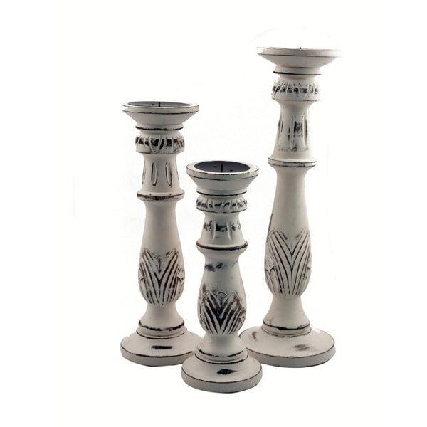 Benzara Taki Distressed Mango Wood Pillar Shaped Candle Holder Set Of 3 White - BM03596