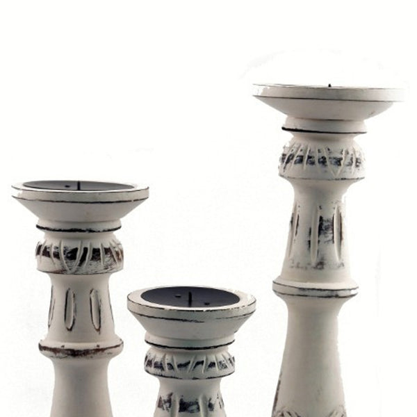 Benzara Taki Distressed Mango Wood Pillar Shaped Candle Holder Set Of 3 White - BM03596