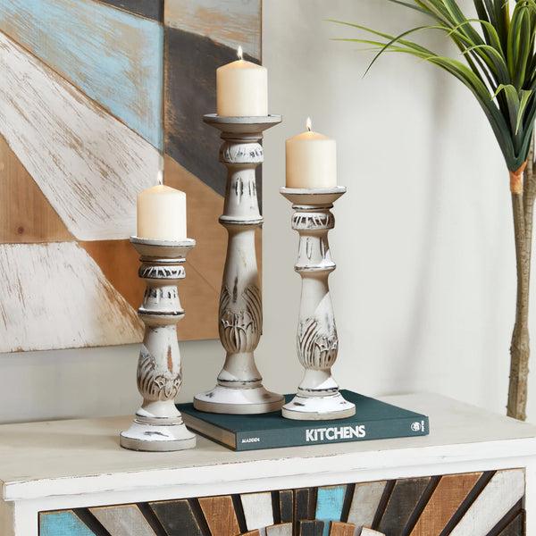 benzara Taki Distressed Mango Wood Pillar Shaped Candle holder Set of 3 White - BM03596