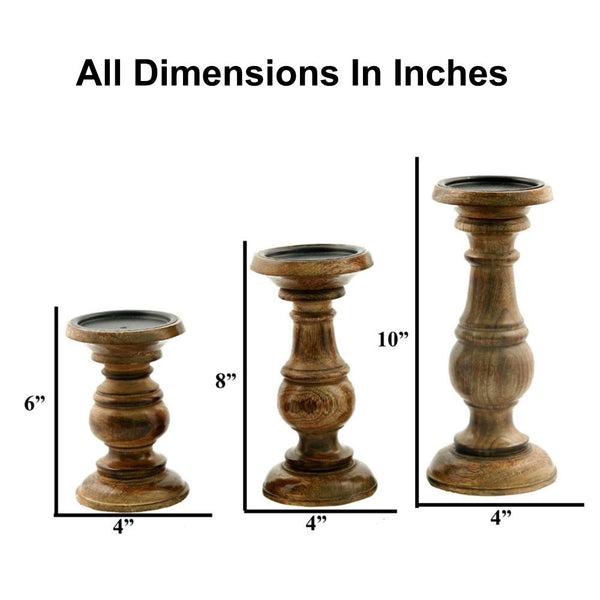 Benzara Taki Pillar Shaped Wooden Candle Holder Set Of 3 Brown- BM03605