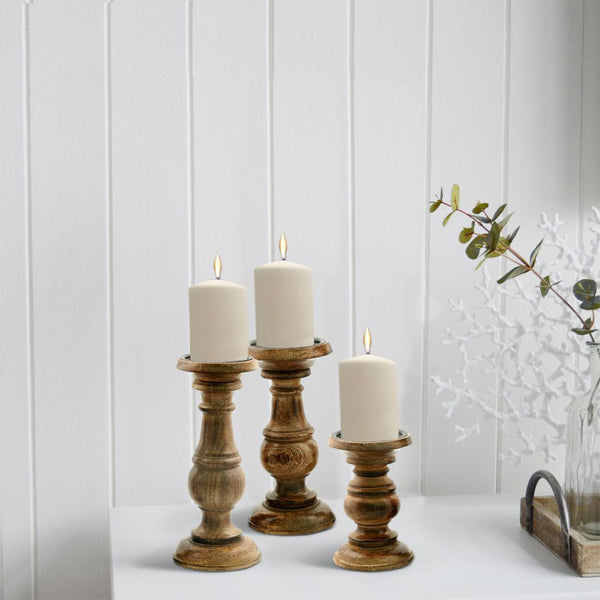 Benzara Taki Pillar Shaped Wooden Candle Holder Set Of 3 Brown- BM03605