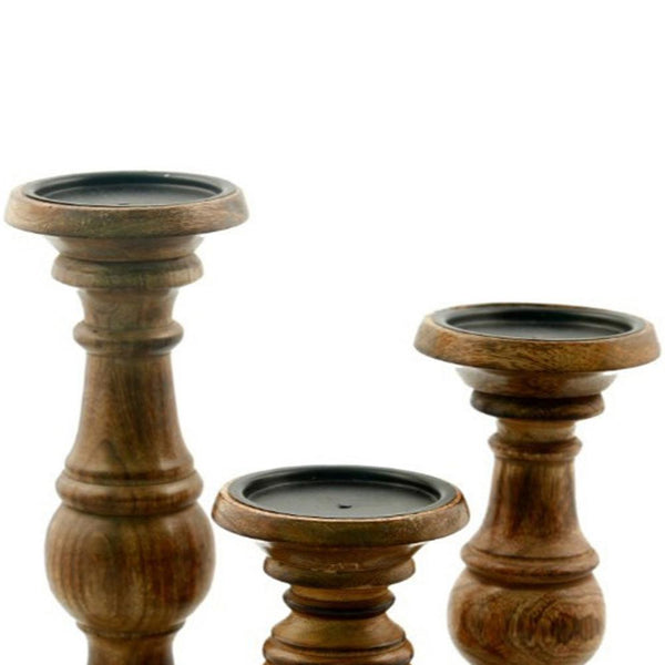 Benzara Taki Pillar Shaped Wooden Candle Holder Set Of 3 Brown- BM03605