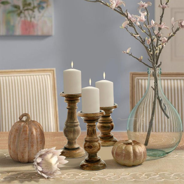 benzara Taki Pillar Shaped Wooden Candle Holder Set of 3 Brown- BM03605