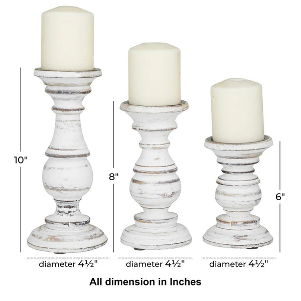 Benzara Taki Turned Design Wooden Candle Holder With Distressed Details Set Of 3 White - BM03604