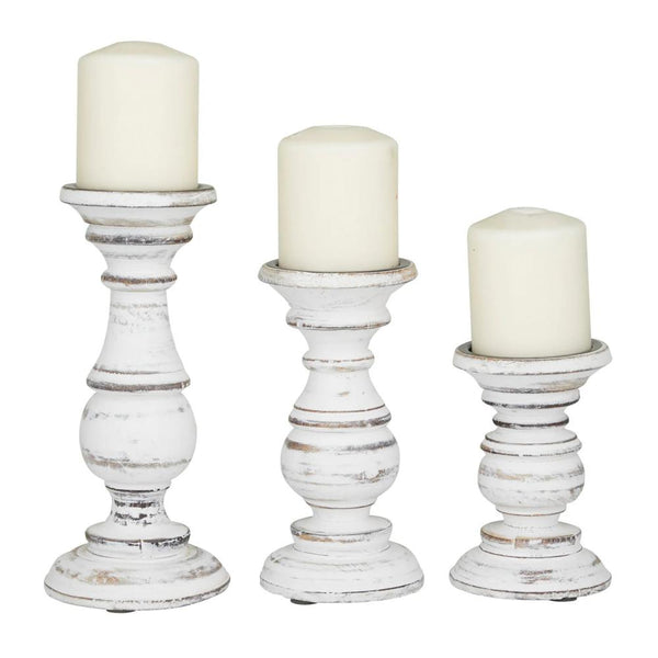Benzara Taki Turned Design Wooden Candle Holder With Distressed Details Set Of 3 White - BM03604