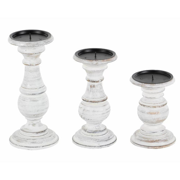 Benzara Taki Turned Design Wooden Candle Holder With Distressed Details Set Of 3 White - BM03604