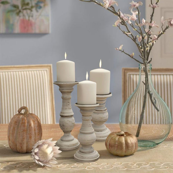 benzara Taki Turned Design Wooden Candle Holder with Distressed Details Set of 3 White - BM03604