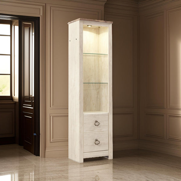 benzara Tall Pier with 1 Door Cabinet and 2 Adjustable Glass Shelves in Antique White - BM210895