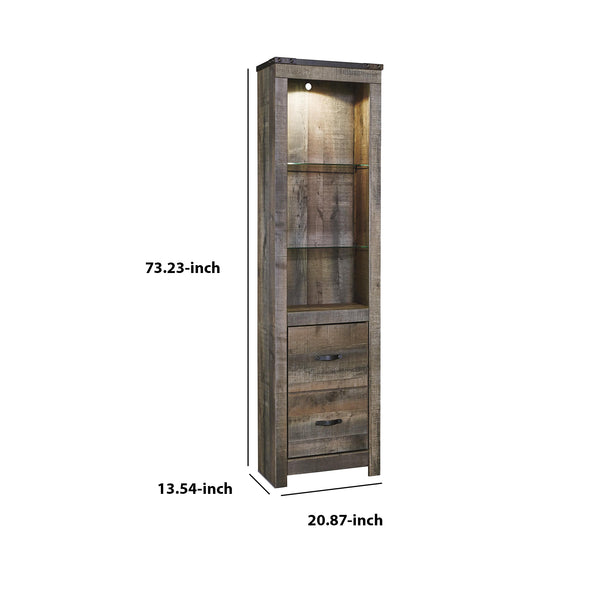 Benzara Tall Wooden Pier With 1 Door Cabinet And 2 Adjustable Glass Shelves In Brown - BM210896