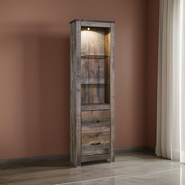 benzara Tall Wooden Pier with 1 Door Cabinet and 2 Adjustable Glass Shelves in Brown - BM210896