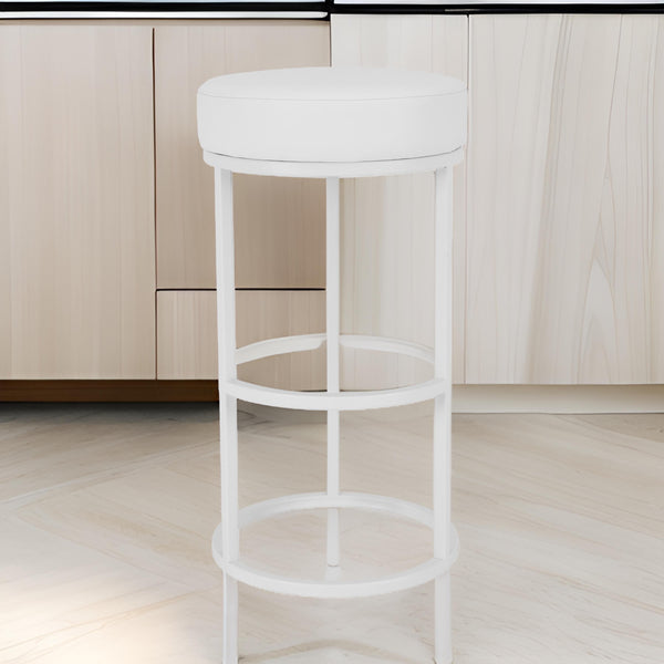 benzara Tane 30 Inch Bar Stool Round Padded Seat White Faux Leather Metal - BM314949