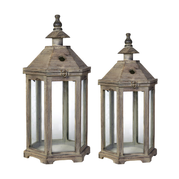 benzara Temple Design Wooden Lantern with Glass Panels Brown Set of 2 - BM200912