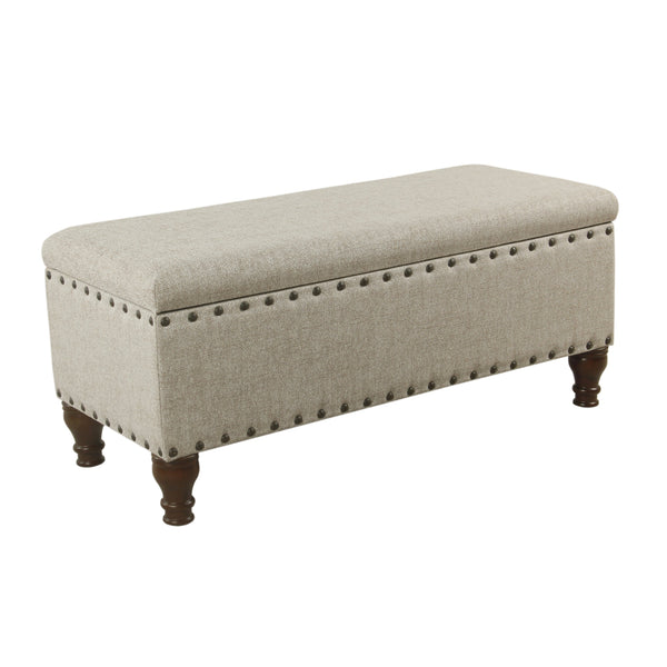 benzara Textured Fabric Upholstered Wooden Storage Bench With Nail head Trim Large Beige and Brown - BM195773