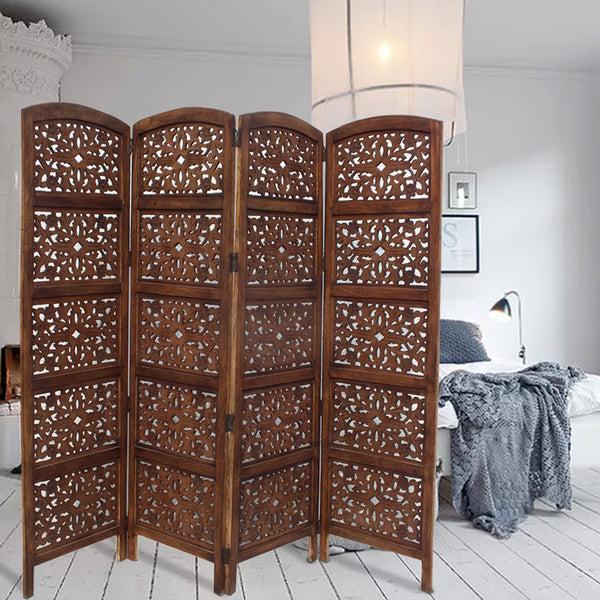benzara The Urban Port Handmade Foldable 4-Panel Wooden Partition Screen Room Divider Brown - UPT-148948
