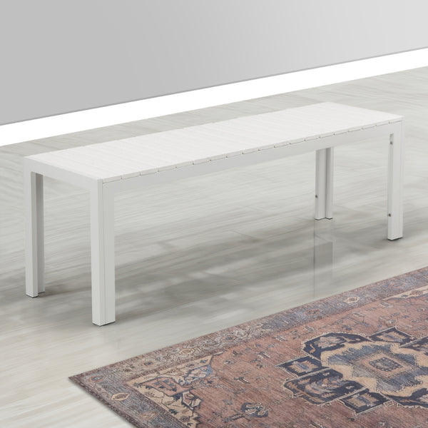 benzara Theo 53 Inch Outdoor Bench White Aluminum Frame Plank Style Seat Surface - BM287720