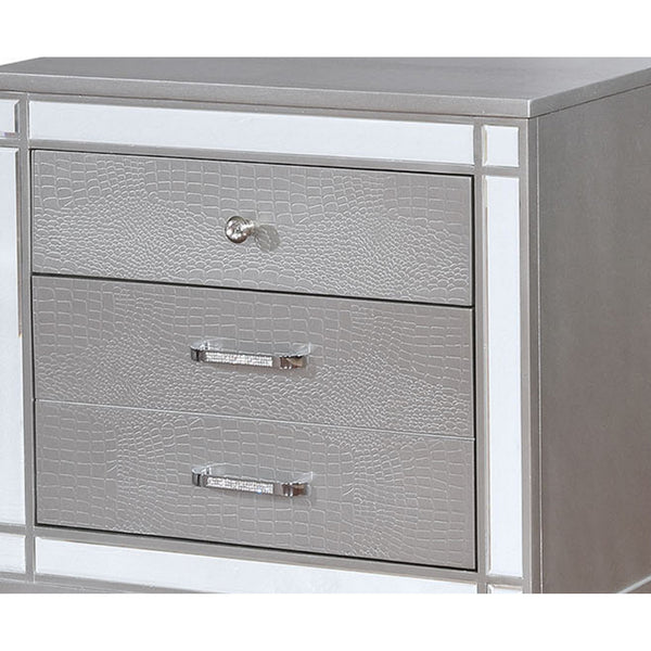 Benzara Three Drawer Solid Wood Nightstand With Mirror Accent Trim Front Silver - BM186381