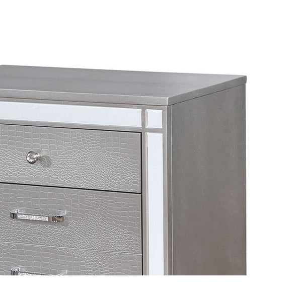Benzara Three Drawer Solid Wood Nightstand With Mirror Accent Trim Front Silver - BM186381