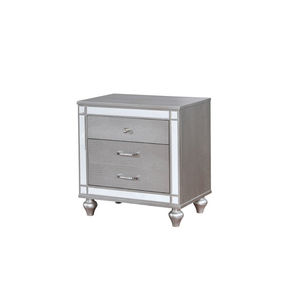 benzara Three Drawer Solid Wood Nightstand with Mirror Accent Trim Front Silver - BM186381