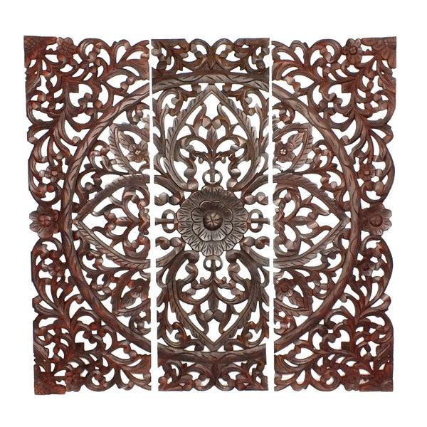 Benzara Three Piece Wooden Wall Panel Set With Traditional Scrollwork And Floral Details Brown - BM00067