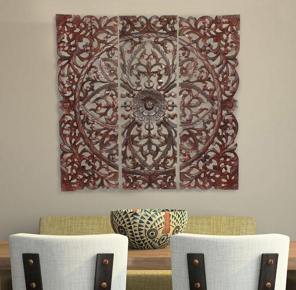 benzara Three Piece Wooden Wall Panel Set with Traditional Scrollwork and Floral Details Brown - BM00067