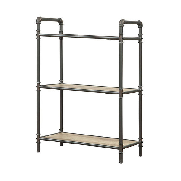 Benzara Three Tier Metal Bookshelf With Wooden Shelves Oak Brown & Gray - BM184752