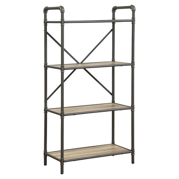 Benzara Three-Tier Metal Bookshelf With Wooden Shelves Oak Brown & Gray