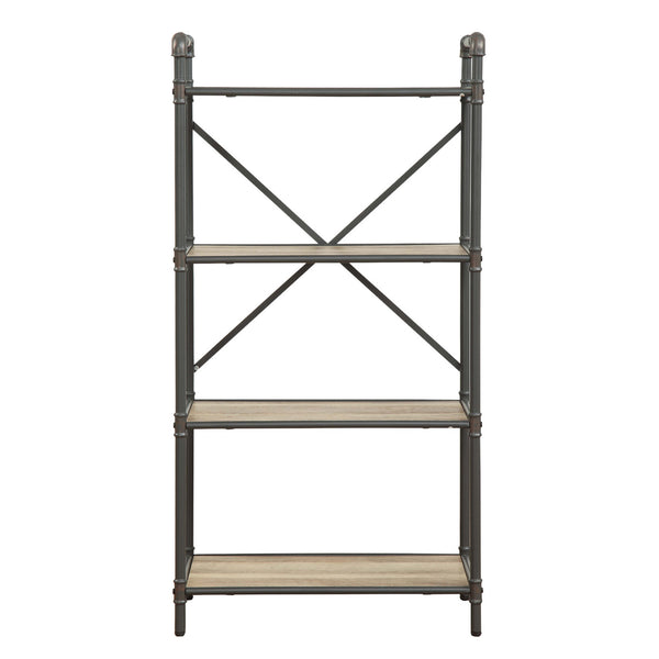 Benzara Three-Tier Metal Bookshelf With Wooden Shelves Oak Brown & Gray