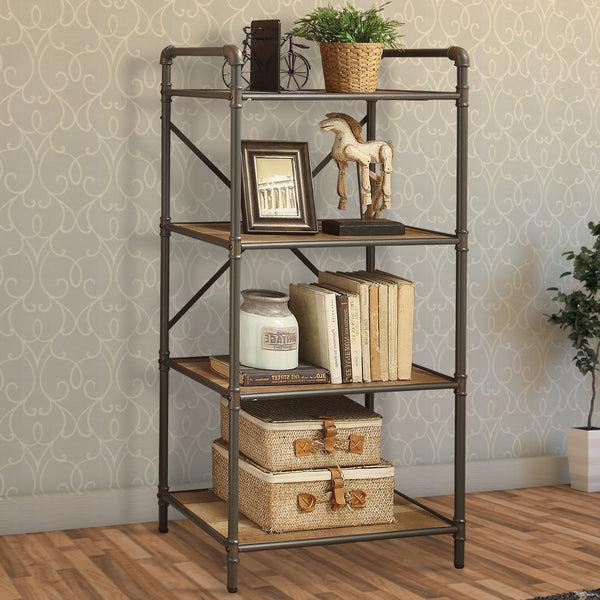 benzara Three-Tier Metal Bookshelf With Wooden Shelves Oak Brown & Gray