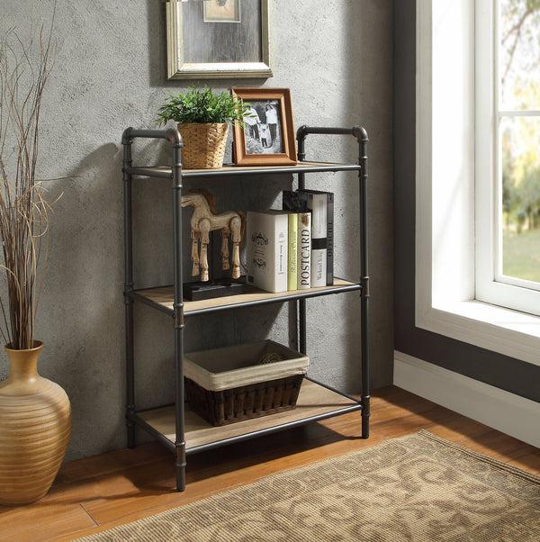 benzara Three Tier Metal Bookshelf With Wooden Shelves Oak Brown & Gray - BM184752