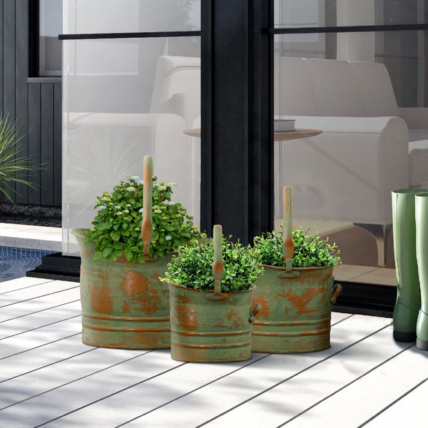 Benzara Tinged Metal Bucket Planter With Handles Patina Rust Finish Green Set Of 3 - BM01164