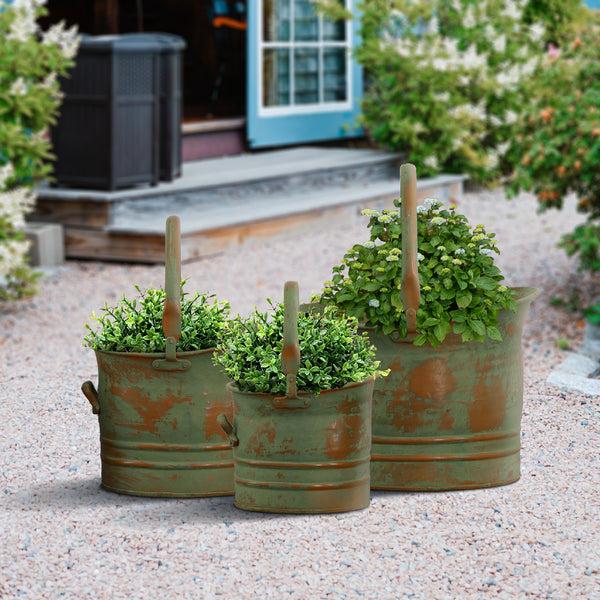 Benzara Tinged Metal Bucket Planter With Handles Patina Rust Finish Green Set Of 3 - BM01164