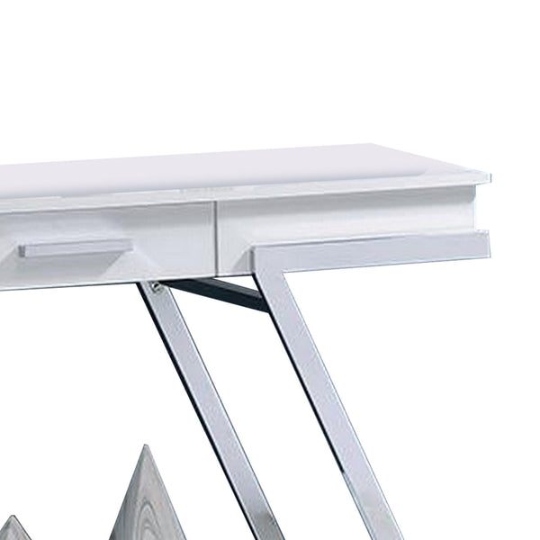Benzara Tius 48 Inch Sofa Table Open Shelf Chrome Frame High Gloss White Finish - BM313233