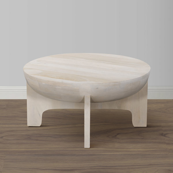 Benzara Tomas 32 Inch Coffee Table Mango Wood Drum Top Classic Washed White - UPT-299125