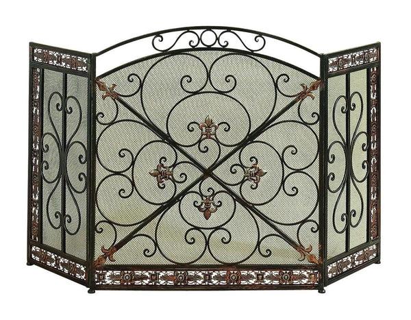Benzara Traditional 3 Panel Metal Fire Screen With Filigree Design Bronze - BM06168