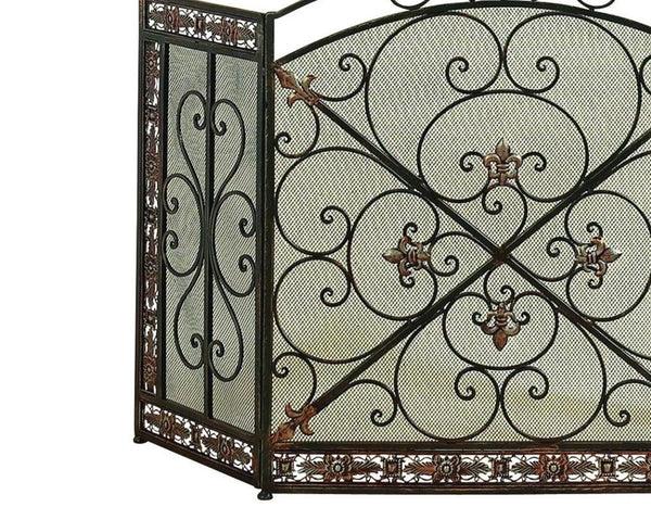 Benzara Traditional 3 Panel Metal Fire Screen With Filigree Design Bronze - BM06168
