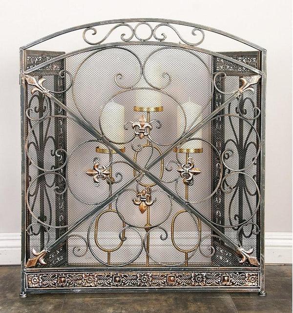 benzara Traditional 3 Panel Metal Fire Screen With Filigree Design Bronze - BM06168