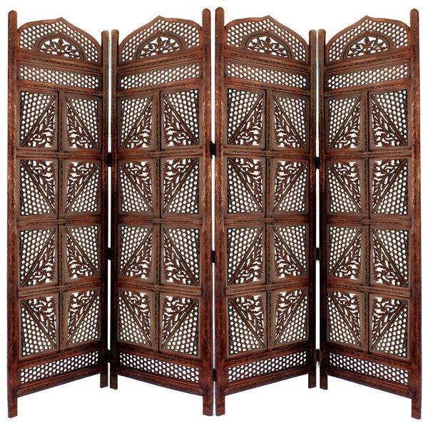 Benzara Traditional Four Panel Wooden Room Divider With Hand Carved Details Antique Brown - BM01866