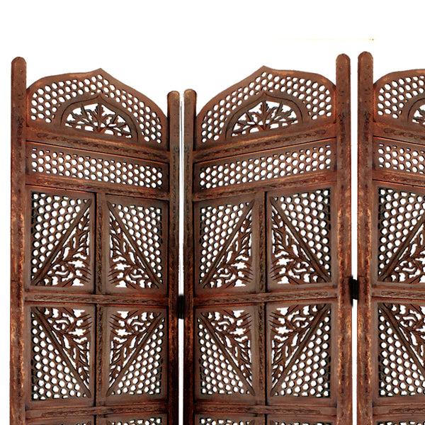 Benzara Traditional Four Panel Wooden Room Divider With Hand Carved Details Antique Brown - BM01866