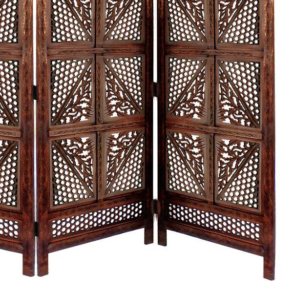 Benzara Traditional Four Panel Wooden Room Divider With Hand Carved Details Antique Brown - BM01866