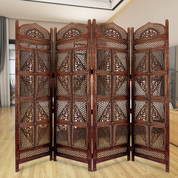 benzara Traditional Four Panel Wooden Room Divider with Hand Carved Details Antique Brown - BM01866
