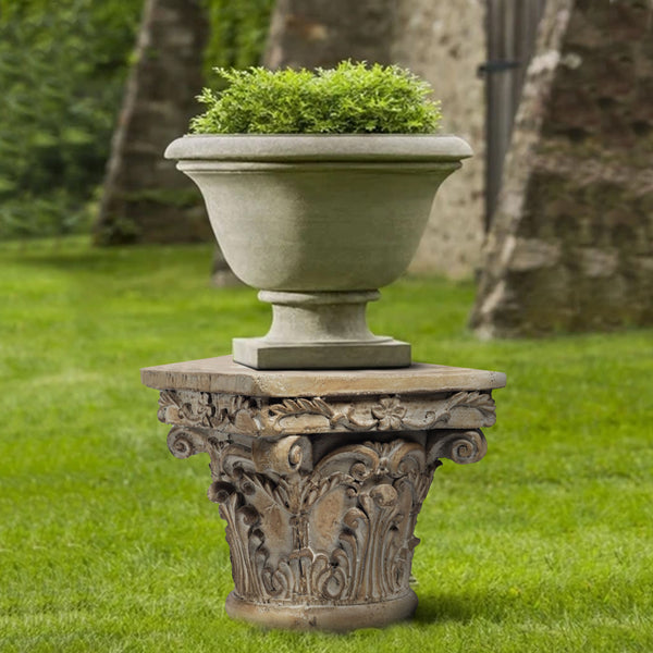 benzara Traditional Resin Decorative Pedestal with Scrolled Design Weathered Brown - BM147076
