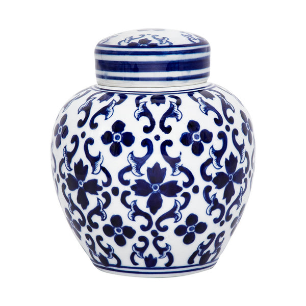 Benzara Traditional Style Urn Shape Ceramic Lidded Jar With Floral Pattern White And Blue