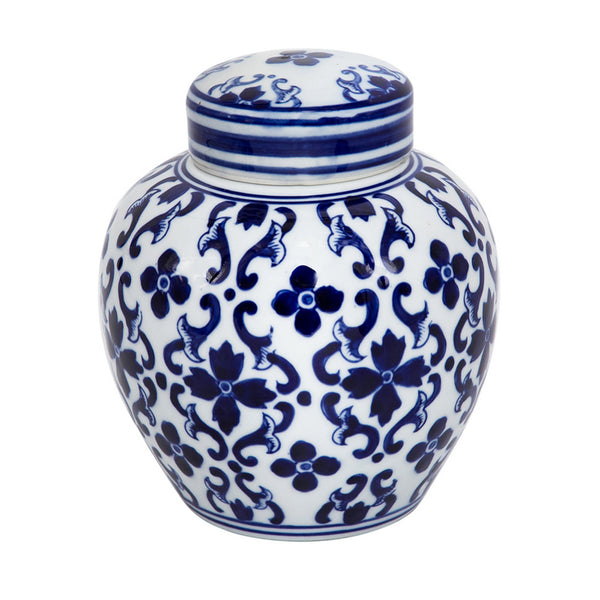 Benzara Traditional Style Urn Shape Ceramic Lidded Jar With Floral Pattern White And Blue