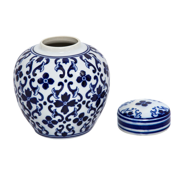 Benzara Traditional Style Urn Shape Ceramic Lidded Jar With Floral Pattern White And Blue