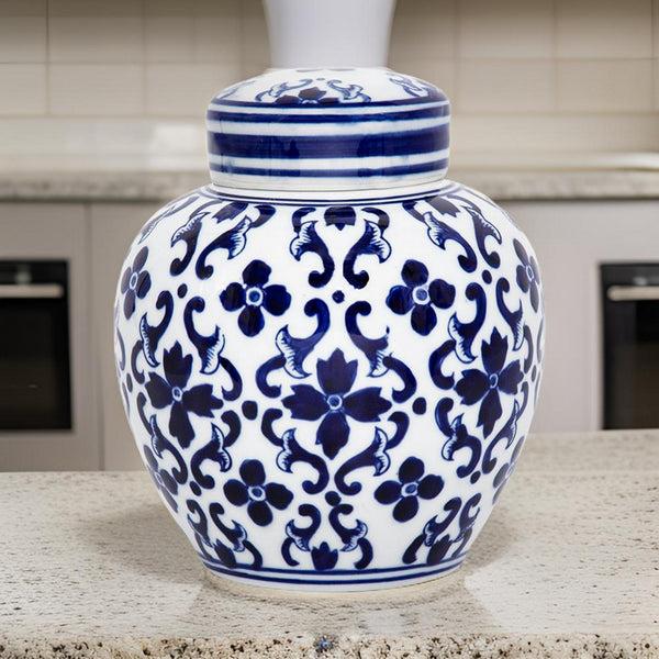 benzara Traditional Style Urn Shape Ceramic Lidded Jar with Floral Pattern White and Blue