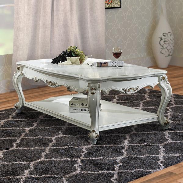 benzara Traditional Style Wooden Coffee Table with Polyresin Carvings and Bottom Shelf White BM196693